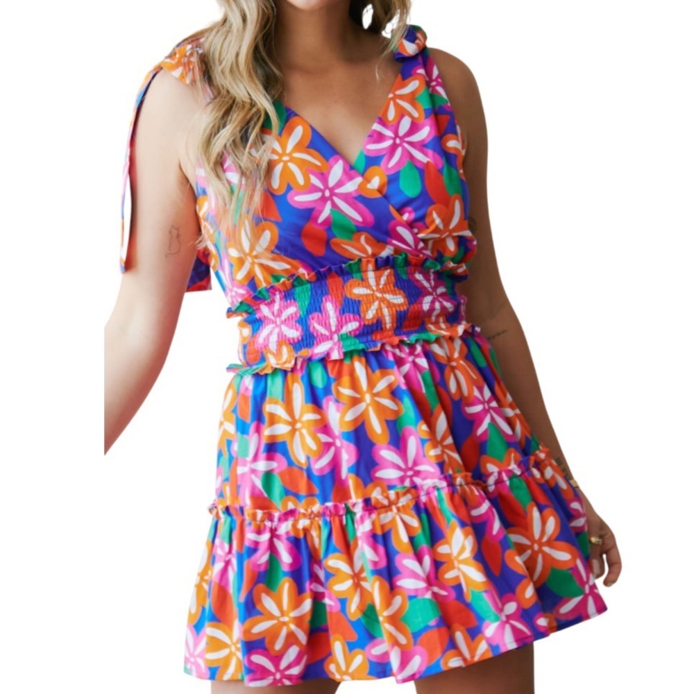 PEACH LOVE CA Tiered Flare Dress DITSY FLORAL BRIGHT COLORS Tie Straps Smocked M